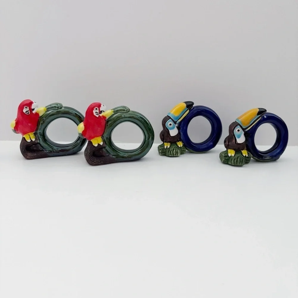 Parrot Toucan Pottery Napkin Rings Set of 4 Serviette Tableware Peru